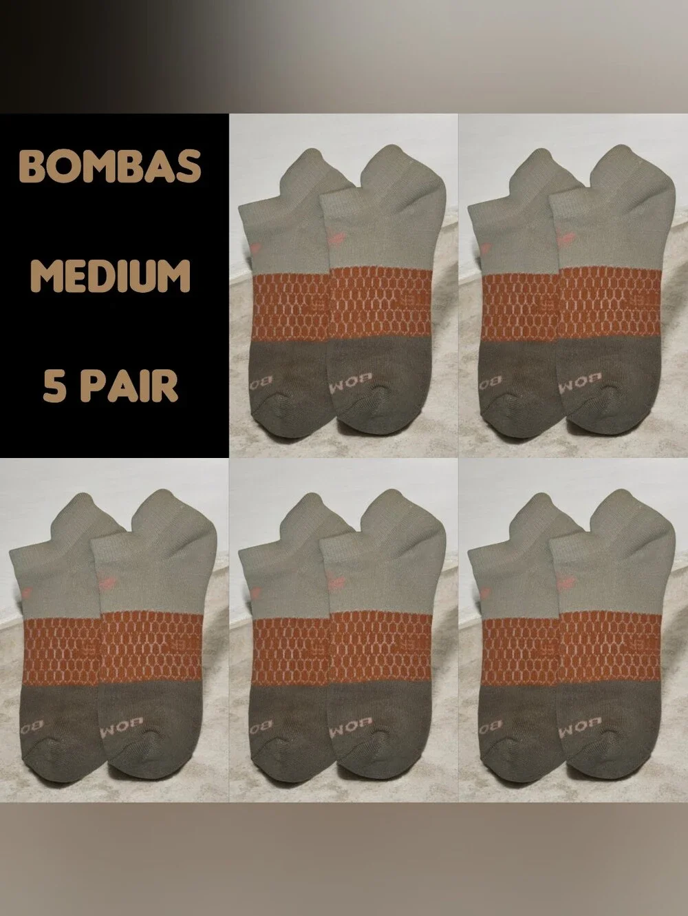 Bombas Medium Ankle Socks Beige Tan Peach 5 Pair BNWT Unisex Honeycomb Arch Supp